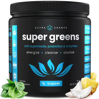 GreenVita Organic Superfood Blend | 20+ Greens and Antioxidants | Digestive Enzyme Support | Tropical Taste